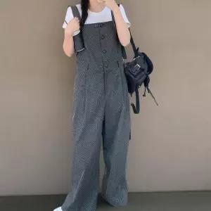 여성 도트 패턴 멜빵 핀턱 와이드 면 점프슈트 (34574791)