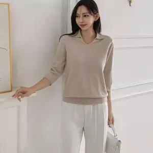 여자 칠부 브이 카라티 소프트 펜던트 무지 가을 니트 (41031823)