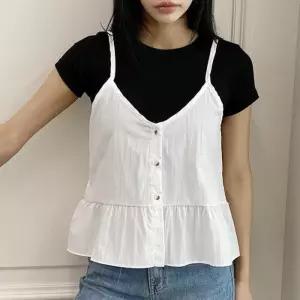 프릴뷔스티에 끈나시 브이넥 바스락 민소매블라우스 (31613092)