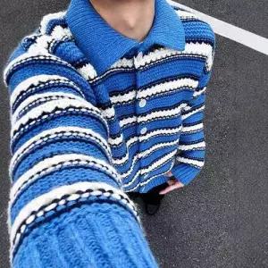 니트 빈티지 상의 스트라이프 남자카라넥니트 굵은 카디건 터틀넥 ible1