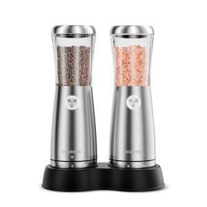 전기 소금 및 후추 그라인더 세트 - 저장 베이스, 대용량, LED 조명 조절 가능한 거칠기, 이상적인 주방 기기가 포함된 자동 스테인리스 스틸 충전