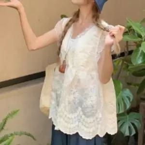 여성용 레이스 브이넥 민소매 레이어드 블라우스 (41315496)