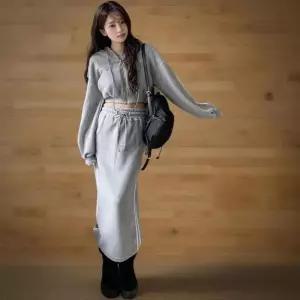 여성 후드 집업 크롭 세트 허리밴딩 스커트 옆라인 포인트 (44011858)