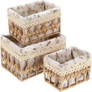 뚜껑과 라이너가 달린 작은 위커 바구니 3팩 종이 로프 직조 보관 선반용 직사각형 장식 상자 용기 테이블