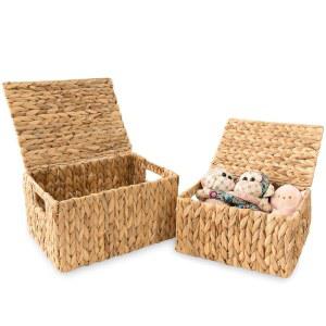 뚜껑이 있는 위커 수납 바구니, 뚜껑 장식 사각형 대형 라탄 상자 히아신스 바구니 2개 세트