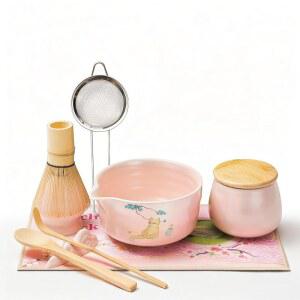 고양이 말차 거품기 세트 9 PCS 티 세트에는 대나무 거품기가 포함된 세라믹 그릇, 스쿱, 체, 홀더, 스테인리스 스틸 체 u2013 귀여운 디자인, 일본 키트 완성