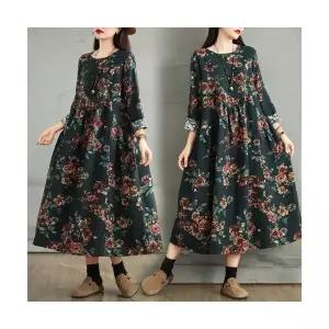 여자원피스 플라워 원피스 빈티지 면마 프린트 라운드 긴팔 루즈핏 빅사이즈 슬림핏 패치 A라인 스커트 원