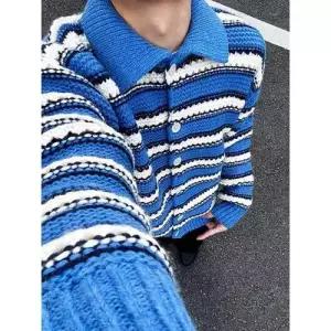 남성용 니트 빈티지 칼라넥 스트라이프 카디건 굵은 터틀넥 상의 원픽1