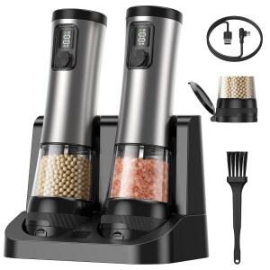 전기 소금 및 후추 그라인더 세트 2팩, 조절 가능한 분쇄 속도 거칠기, 충전식 자동 후추통 스테인리스 스틸 주방, 식사 또는 캠핑용 대용량