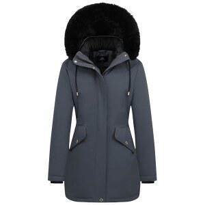 MOERDENG 여성 파카 플리스 안감 긴 재킷과 겨울 모피 인조 퍼퍼 두꺼운 후드 다운 탈부착 코트