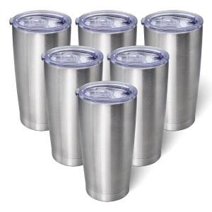 뚜껑이 있는 20온스 텀블러 벌크 스테인리스 스틸 뚜껑 진공 단열 이중 벽 여행용 커피 머그 파우더 코팅 컵(스테인리스 스틸, 6팩)