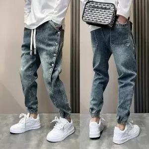 바지 남사친 봄 조거 배기핏 장식 트렌디 워싱 배기청바지 청바지 배기 밴딩 9부 admr1