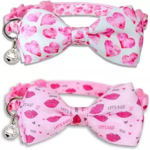 포시도 발렌타인데이 고양이 목걸이 세트 보우 타이 벨 펜던트 조절 가능한 분리형 하트 키스 패턴 남녀