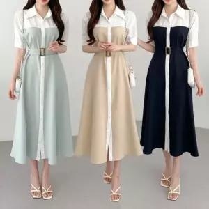 여성 클래식 배색 벨트 셔츠 원피스