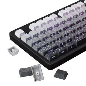 펀허브, PBT 키캡을 통해 빛나다 - 블랙 더블 샷 측면 인쇄 백라이트 키캡 세트 133 키 60% 65% 75% 체리 프로필 100%, MX 스위치 게이밍 키보드용 그라디언트 지형 맞춤형
