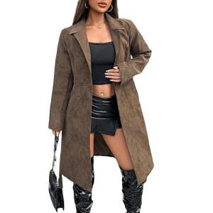 구다수오 가죽 안감 오픈 프론트 재킷 오토바이 코트 버튼 트렌치코트 벨트 롱 인조 여성 루즈