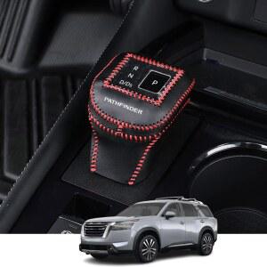 닛산 패스파인더 2022 2023 가죽 자동 기어 변속 노브 커버, 변속기 부츠 레버 시스(빨간 스티치)를 위한 카카시 커스텀 인테리어 액세서리