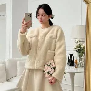 [다잇템]여자 주머니 FW 시어링 카라없는 단추 자켓 (11323378A)
