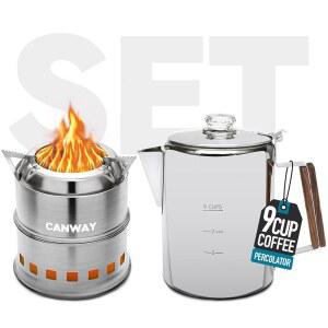 캔웨이 퍼콜레이터 커피 세트 메이커 야외 스테인리스 휴대용 스틸 포함 스토브 버닝 캐리백 우드 미니 스토브탑 하이킹용 배낭 가정용 포트 9컵 캠핑