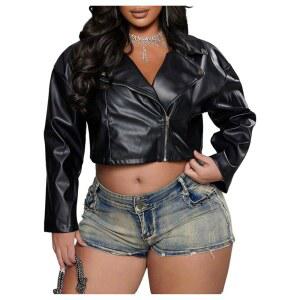 보드럼 여성 아우터웨어 사이즈 플러스 크롭 긴팔 폭격기 인조 코트 모터사이클 가죽 지퍼 재킷 풀 바이커