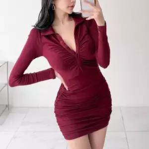 [신상오픈런]여성 오픈 카라 사이드 셔링 글램핏 미니 드레스 (41341099)