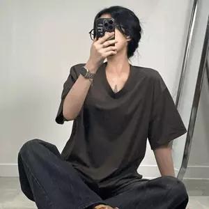 여성용 오버핏 브이넥 면 반팔 티셔츠 여름 이너 기본 데일리