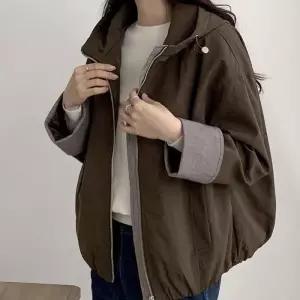 [신상오픈런]여성 가을 배색 롤업 하이넥 스트링 후드 집업 (41315713)