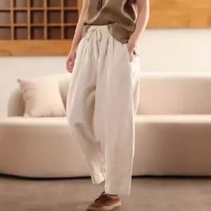 봄 캐주얼 빈티지 바지 여성 슬림핏 배기 허리 마 긴 밴딩 리넨 끈 원픽1
