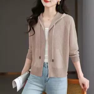 니트 캐주얼 여자후드가디건 후드집업 쿨링 카디건 봄여름 얇은 긴팔 야상 상의 ible1