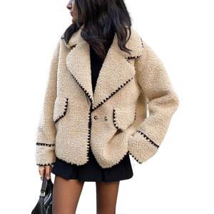 초야토우 여성 인조 재킷 퍼지 겨울 플리스 캐주얼 자수 라펠 노치 모피 셰르파 코트