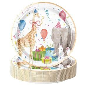 WRAPAHOLIC 25개 생일 종이 접시 - 파티 식기 용품 테이블 장식용 9인치 사랑스러운 동물 일회용 저녁