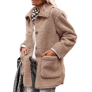 프리티가든 여성 코트 셰르파 다운 버튼 모피 캐주얼 인조 라펠 포켓 플리스 소매 긴 겨울 아우터 트렌디 재킷
