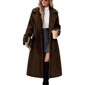 유송걸 여성 가을 트렌치 코트 모피 의상 라펠 버튼 오버사이즈 플리스 롱 가디건 포켓 겨울 인조 셰르파 재킷