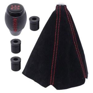 ApplianPar 5 스피드 블랙 가죽 기어 변속 노브 및 스웨이드 부츠 레드 스티치 시프터 레버 커버 콤보 키트 시빅 CRX용