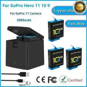 GoPro Hero 11 10 9용 2000mAh 배터리 충전식 리튬 이온 팩 모션 카메라 보관함