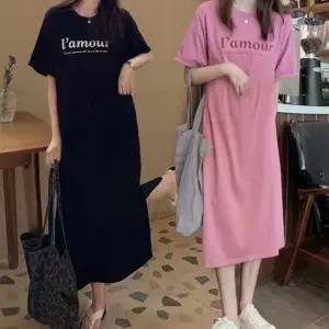 [베스트TOP100] 홈웨어 실내 편한 여성 밑단 트임 롱 반팔 원피스