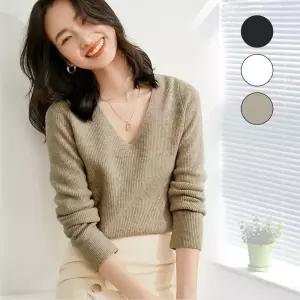 [베스트TOP100] 브이넥 골지 니트 여성 간절기 슬림핏 긴팔 무지티