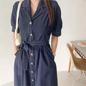 [다잇템]여자 벌룬반팔 청색 벨티드 SS 카라넥 롱원피스 (10118157A)