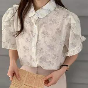 [신상오픈런]여성 꽃 디자인 프릴 튤립 반팔 카라 블라우스 청순 스타일 (33265401)