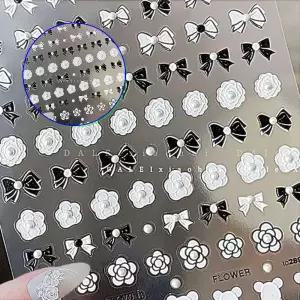 쌍문상회 세련된 네일아트 블랙 화이트 진주 스톤 리본 스티커