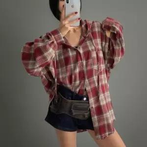 [신상오픈런]여성 체크 후드 남방 오버핏 플란넬 셔츠 루즈핏 포켓 (41315329)