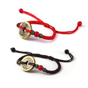 2Pc 행운의 땋은 빨간 끈 풍수 구리 동전 팔찌 뱅글 핸드메이드 조절 가능한 여성용 어트랙트 머니 부유 남성 친구 행운 보호 부적 주얼리