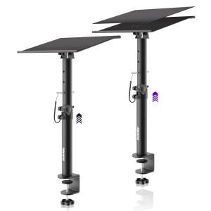 OUKMIC 스튜디오 모니터 스탠드 클램프, 데스크탑 스피커 쌍, 헤비 듀티 라이저 기울기 높이 조절 가능, 서브우퍼 서라운드 사운드 책장 노트북용 유니버설 뮤직 부스 데스크 오디오 마운트 트레이