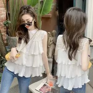 [베스트TOP100] 여름 쉬폰 블라우스 여성 플리츠 민소매 나시 셔츠