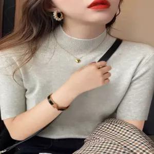 [베스트TOP100] 여성 5컬러 반목 5부 반팔 골지니트티 페미닌룩