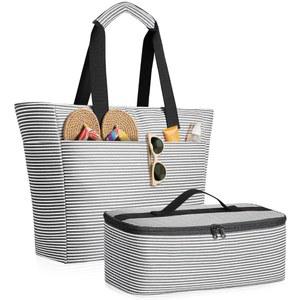 ISEYOU 비치백 및 쿨러백 세트, 지퍼가 달린 45L 방수 XXL 접이식 토트, 수영장, 피크닉, 여행용 포켓 8개