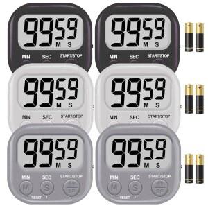 6팩 디지털 주방 타이머, 99분 59초 카운트다운 및 스톱워치, 시끄러운 100dB 알람, 강력한 자석, 절전 온/오프 스위치, 시간 메모리, 클래식 색상, 여러 배치, 배터리 포함