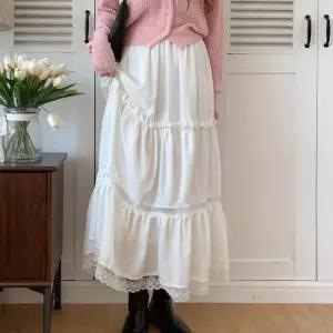 [다잇템]여자 고무줄 새틴 귀여운 프릴 레이스 롱스커트 (14362744A)