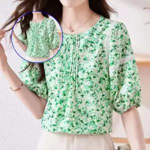 쌍문상회 산뜻한 여름블라우스 여성반팔셔츠 꽃무늬 플라워 그린