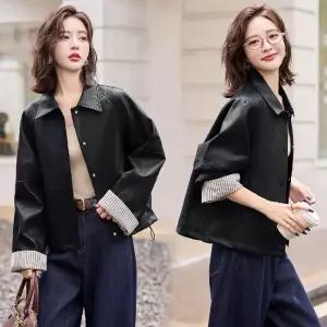 타노스여성용 캐주얼 가을 코트 자켓 소프트 상의 숏 PU 가죽 데일리룩 숄카라 KUK3